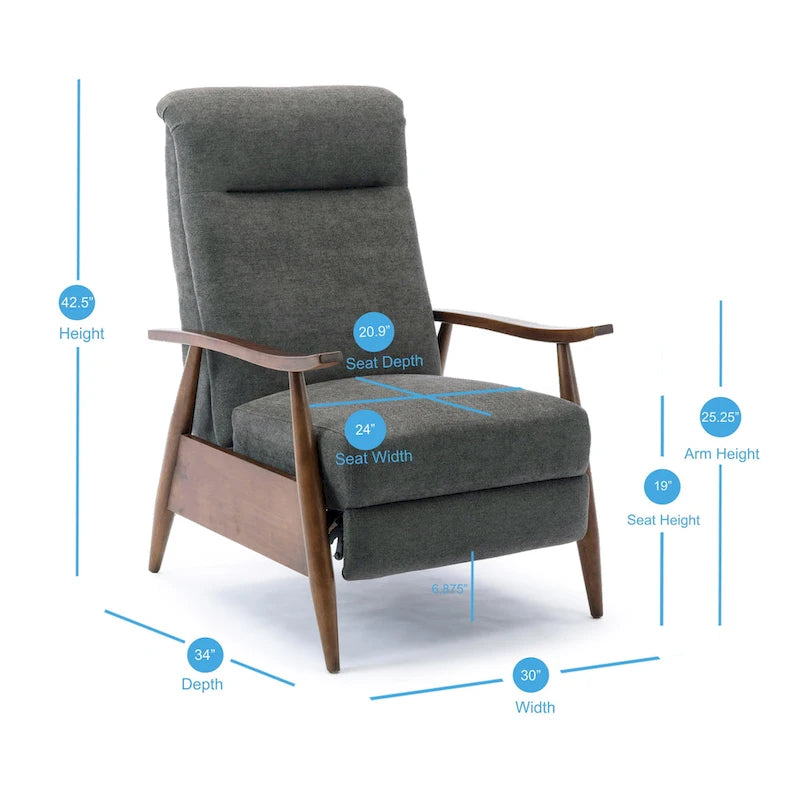 Mid-Century Push Back Recliner Chair with Wood Arms, Charcoal Polyester Fabric, 330 lb Capacity