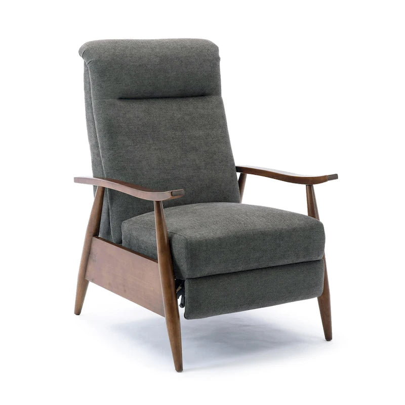 Mid-Century Push Back Recliner Chair with Wood Arms, Charcoal Polyester Fabric, 330 lb Capacity