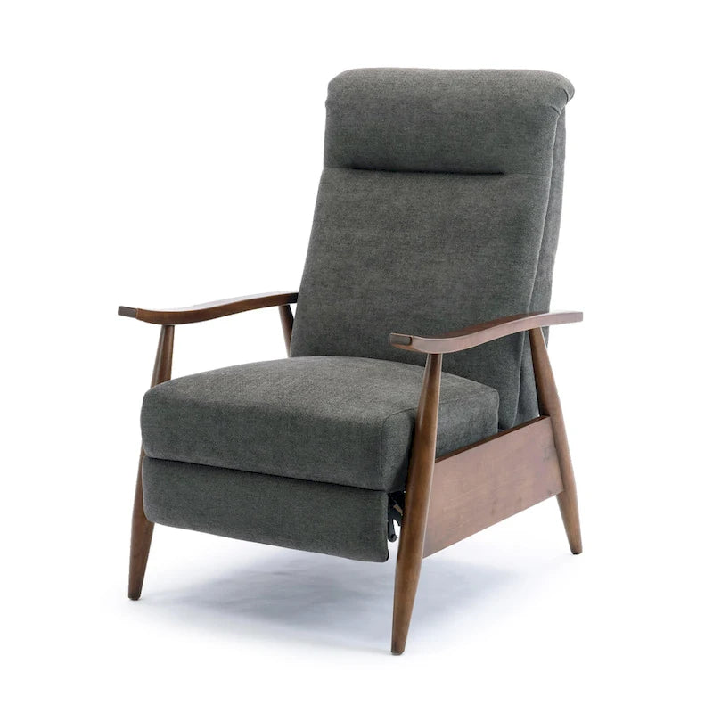 Mid-Century Push Back Recliner Chair with Wood Arms, Charcoal Polyester Fabric, 330 lb Capacity