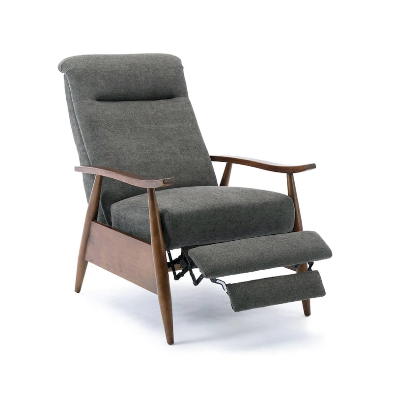 Mid-Century Push Back Recliner Chair with Wood Arms, Charcoal Polyester Fabric, 330 lb Capacity