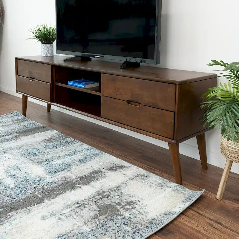 Mid-Century Modern TV Stand with 6 Storage Compartments, Fits up to 72", Solid Wood Legs, Walnut Finish