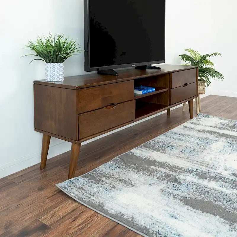 Mid-Century Modern TV Stand with 6 Storage Compartments, Fits up to 72", Solid Wood Legs, Walnut Finish
