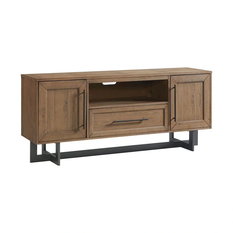70" Media Console TV Stand, Oak Veneer & Hardwood, Open Drawer + 2 Side Cabinets, Rustic Dune Finish