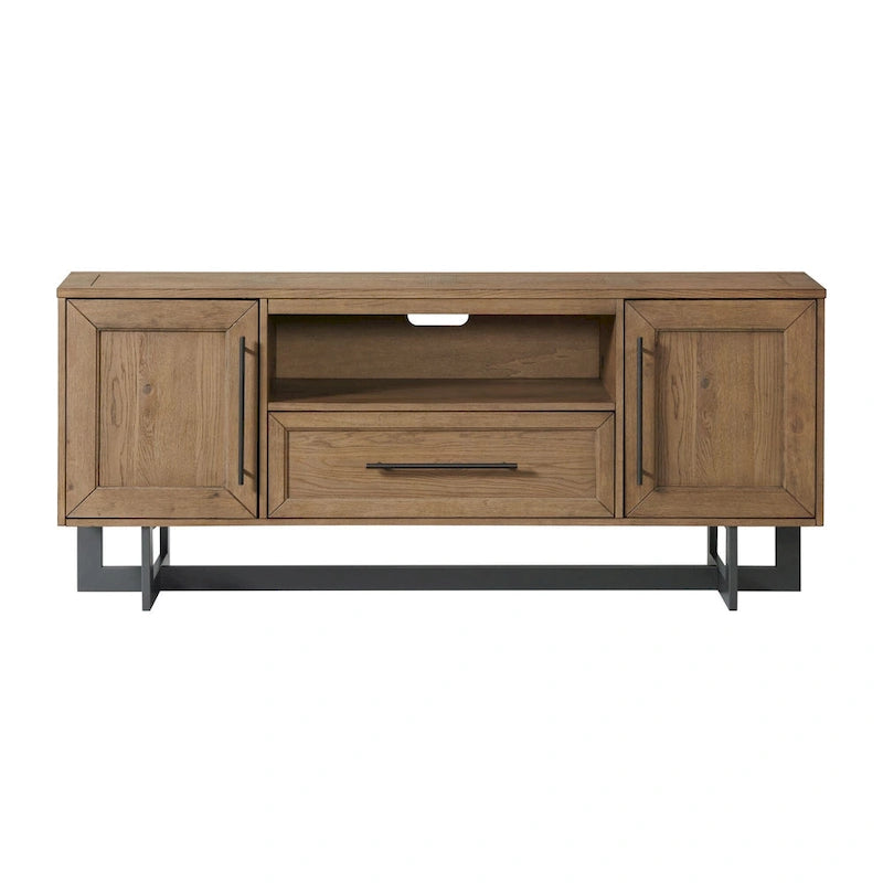 70" Media Console TV Stand, Oak Veneer & Hardwood, Open Drawer + 2 Side Cabinets, Rustic Dune Finish