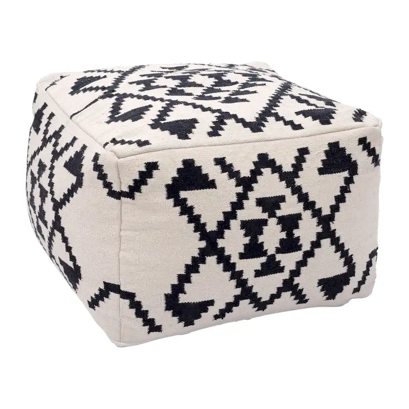 Woven Cotton Ottoman, Boho Style, Beige & Black