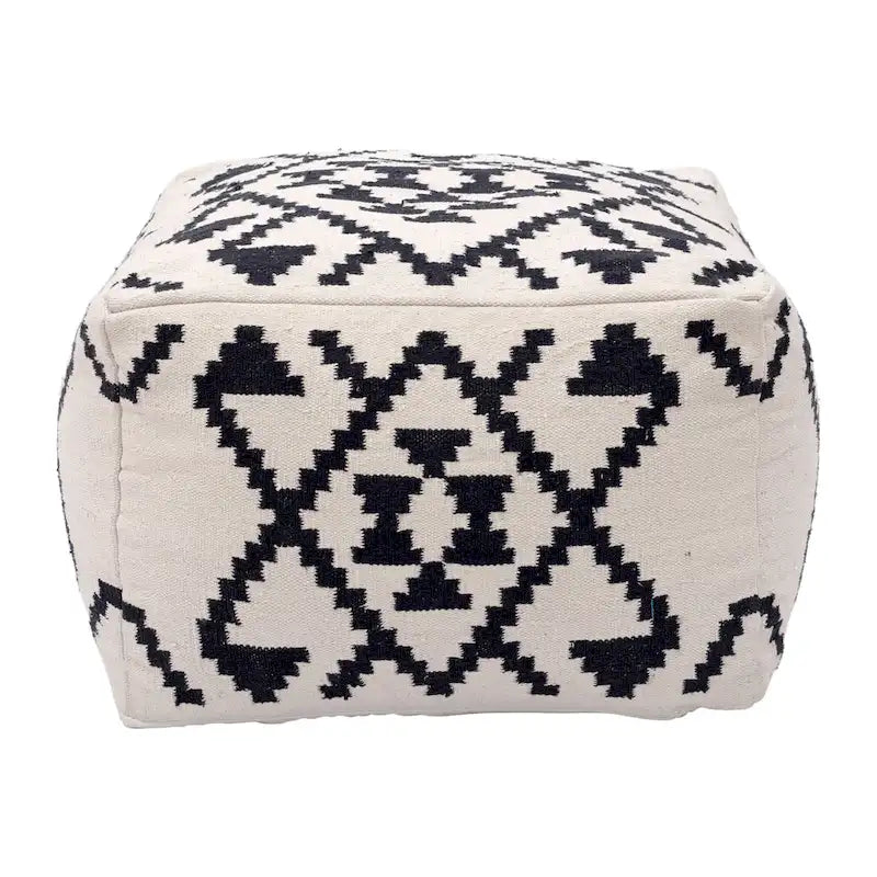 Woven Cotton Ottoman, Boho Style, Beige & Black