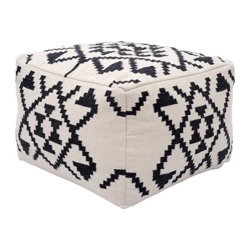 Woven Cotton Ottoman, Boho Style, Beige & Black