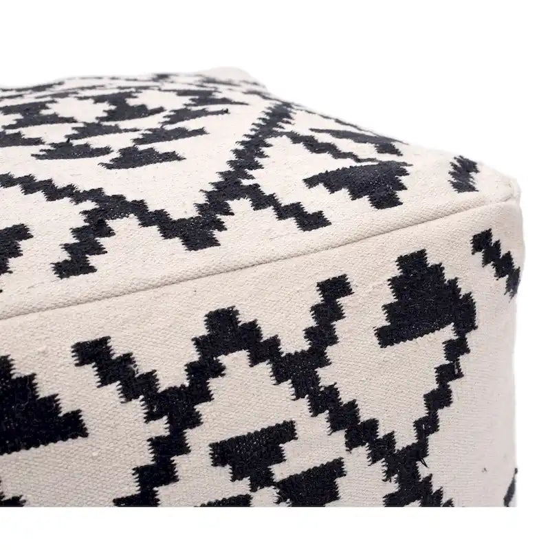 Woven Cotton Ottoman, Boho Style, Beige & Black