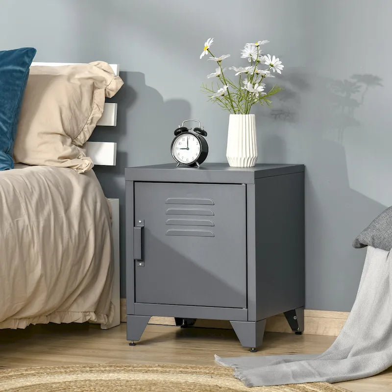 Industrial End Table with Cabinet Door & Adjustable Shelf, 15.75x15.75x19.75 in, Steel Legs, Grey/Red/White