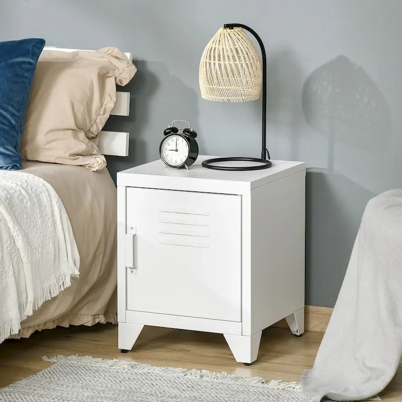 Industrial End Table with Cabinet Door & Adjustable Shelf, 15.75x15.75x19.75 in, Steel Legs, Grey/Red/White
