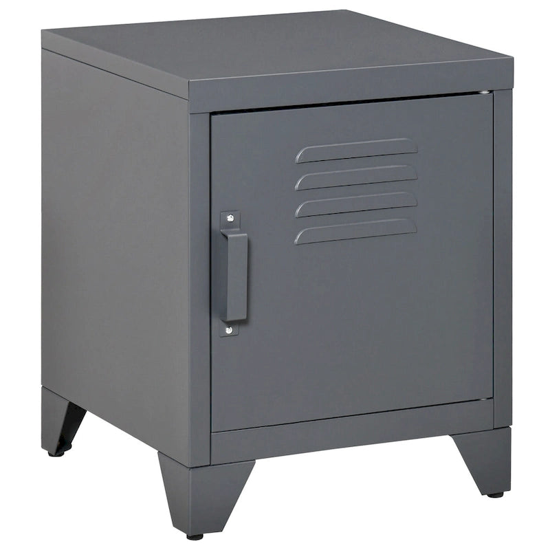 Industrial End Table with Cabinet Door & Adjustable Shelf, 15.75x15.75x19.75 in, Steel Legs, Grey/Red/White