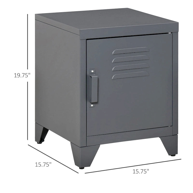 Industrial End Table with Cabinet Door & Adjustable Shelf, 15.75x15.75x19.75 in, Steel Legs, Grey/Red/White