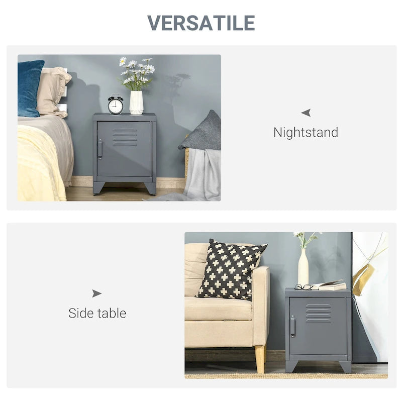 Industrial End Table with Cabinet Door & Adjustable Shelf, 15.75x15.75x19.75 in, Steel Legs, Grey/Red/White