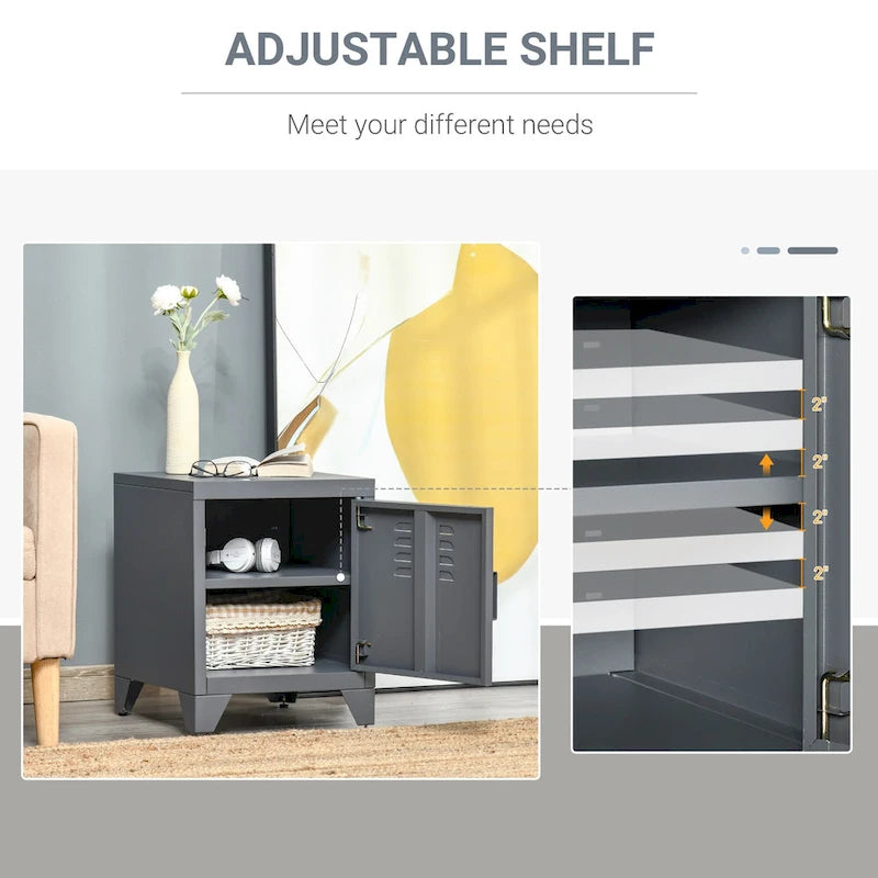 Industrial End Table with Cabinet Door & Adjustable Shelf, 15.75x15.75x19.75 in, Steel Legs, Grey/Red/White