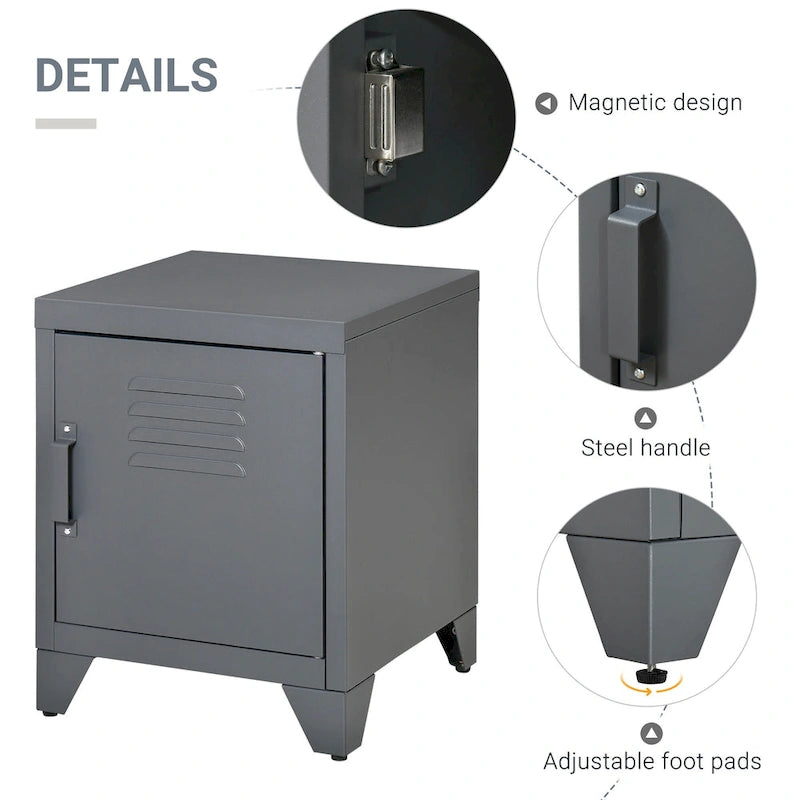 Industrial End Table with Cabinet Door & Adjustable Shelf, 15.75x15.75x19.75 in, Steel Legs, Grey/Red/White