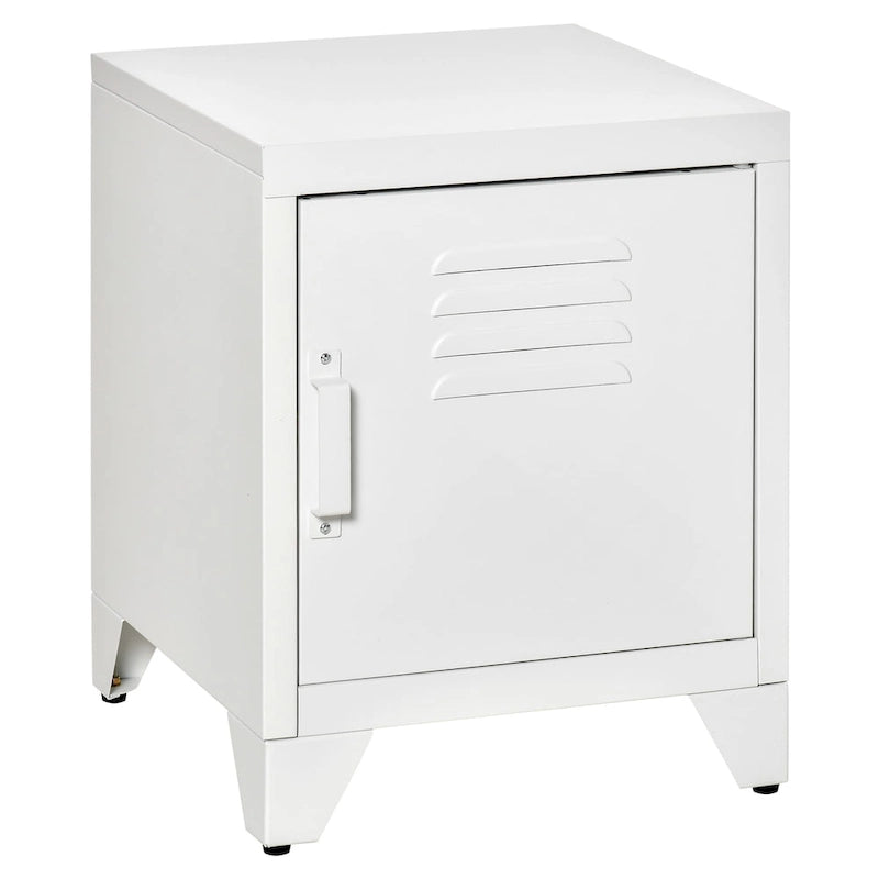 Industrial End Table with Cabinet Door & Adjustable Shelf, 15.75x15.75x19.75 in, Steel Legs, Grey/Red/White
