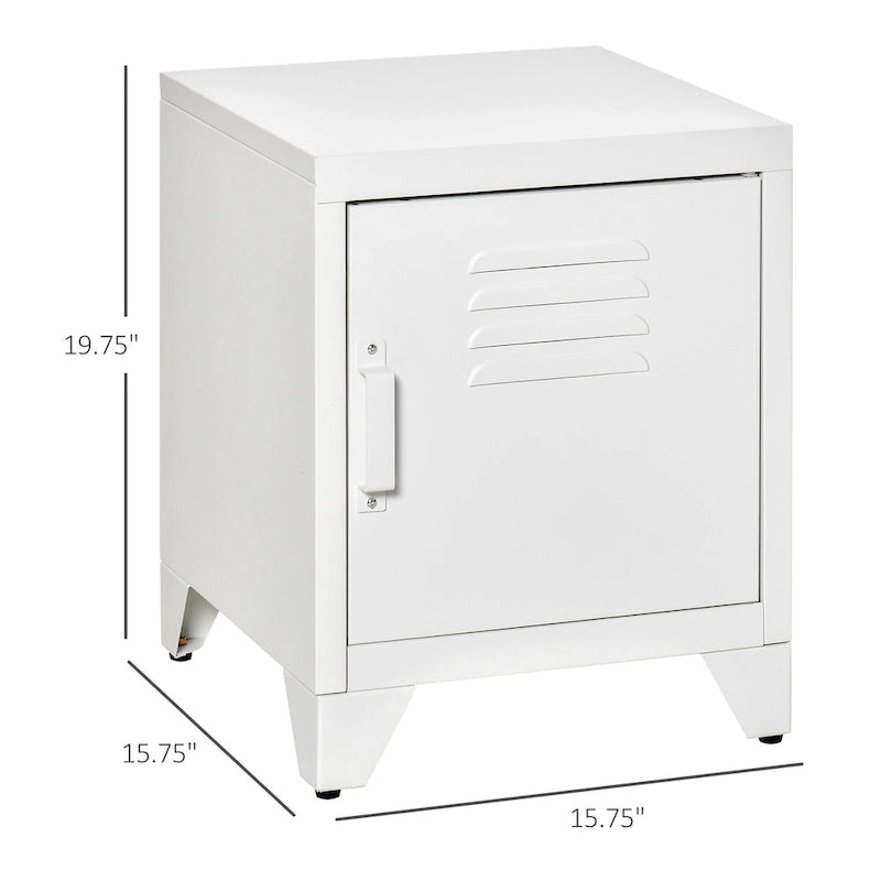 Industrial End Table with Cabinet Door & Adjustable Shelf, 15.75x15.75x19.75 in, Steel Legs, Grey/Red/White