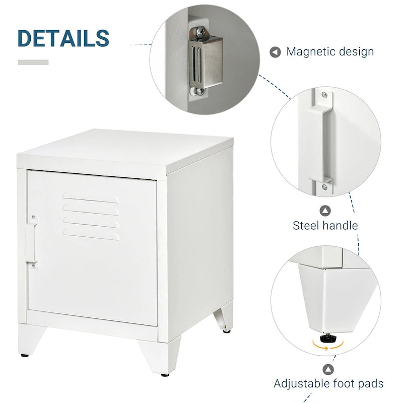 Industrial End Table with Cabinet Door & Adjustable Shelf, 15.75x15.75x19.75 in, Steel Legs, Grey/Red/White