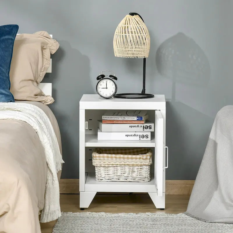 Industrial End Table with Cabinet Door & Adjustable Shelf, 15.75x15.75x19.75 in, Steel Legs, Grey/Red/White