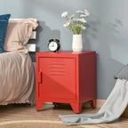 Industrial End Table with Cabinet Door & Adjustable Shelf, 15.75x15.75x19.75 in, Steel Legs, Grey/Red/White