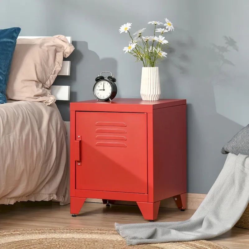 Industrial End Table with Cabinet Door & Adjustable Shelf, 15.75x15.75x19.75 in, Steel Legs, Grey/Red/White