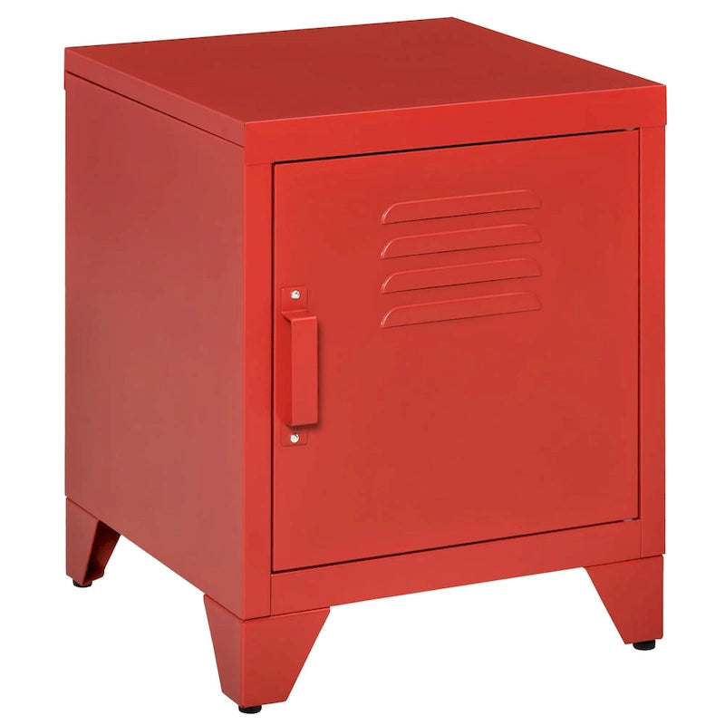 Industrial End Table with Cabinet Door & Adjustable Shelf, 15.75x15.75x19.75 in, Steel Legs, Grey/Red/White
