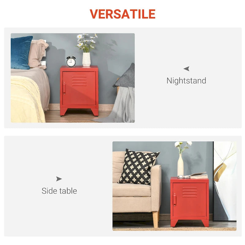 Industrial End Table with Cabinet Door & Adjustable Shelf, 15.75x15.75x19.75 in, Steel Legs, Grey/Red/White