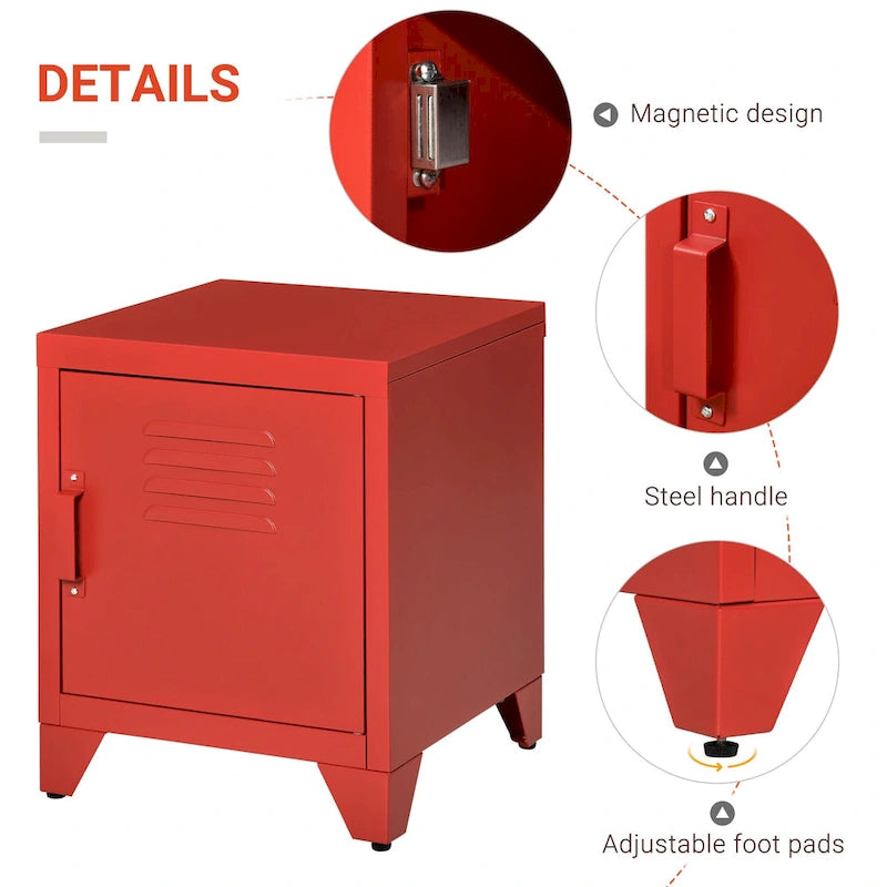 Industrial End Table with Cabinet Door & Adjustable Shelf, 15.75x15.75x19.75 in, Steel Legs, Grey/Red/White