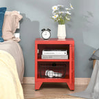 Industrial End Table with Cabinet Door & Adjustable Shelf, 15.75x15.75x19.75 in, Steel Legs, Grey/Red/White