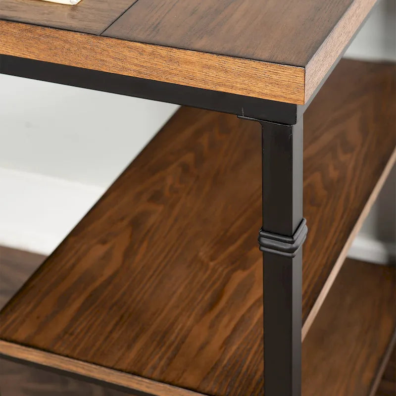 Industrial Metal & Wood Desk with 2 Shelves, 45" Wide, Ash Veneer Top, Black Frame