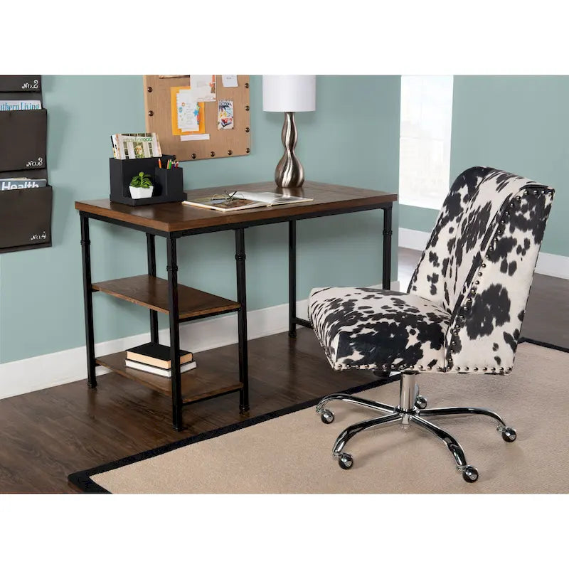 Industrial Metal & Wood Desk with 2 Shelves, 45" Wide, Ash Veneer Top, Black Frame