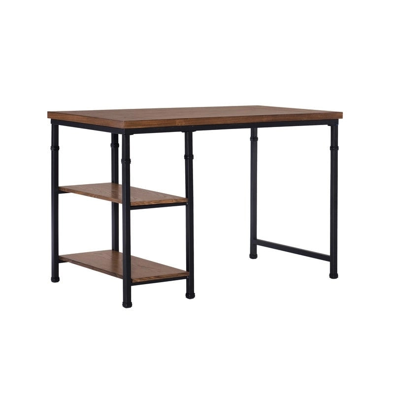 Industrial Metal & Wood Desk with 2 Shelves, 45" Wide, Ash Veneer Top, Black Frame