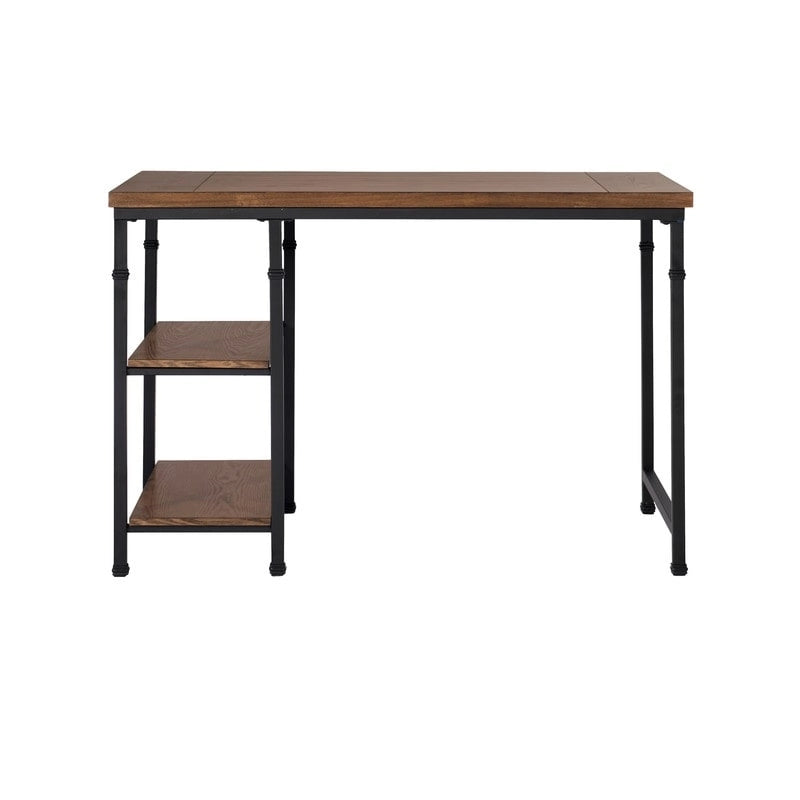 Industrial Metal & Wood Desk with 2 Shelves, 45" Wide, Ash Veneer Top, Black Frame