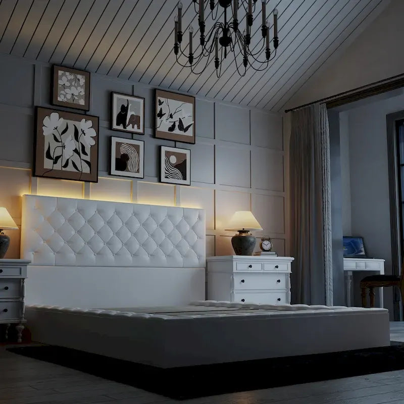 PU Leather Tufted Bed Frame with LED Headboard, Queen & King, White, MDF & Pine Wood