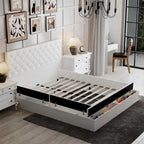 PU Leather Tufted Bed Frame with LED Headboard, Queen & King, White, MDF & Pine Wood
