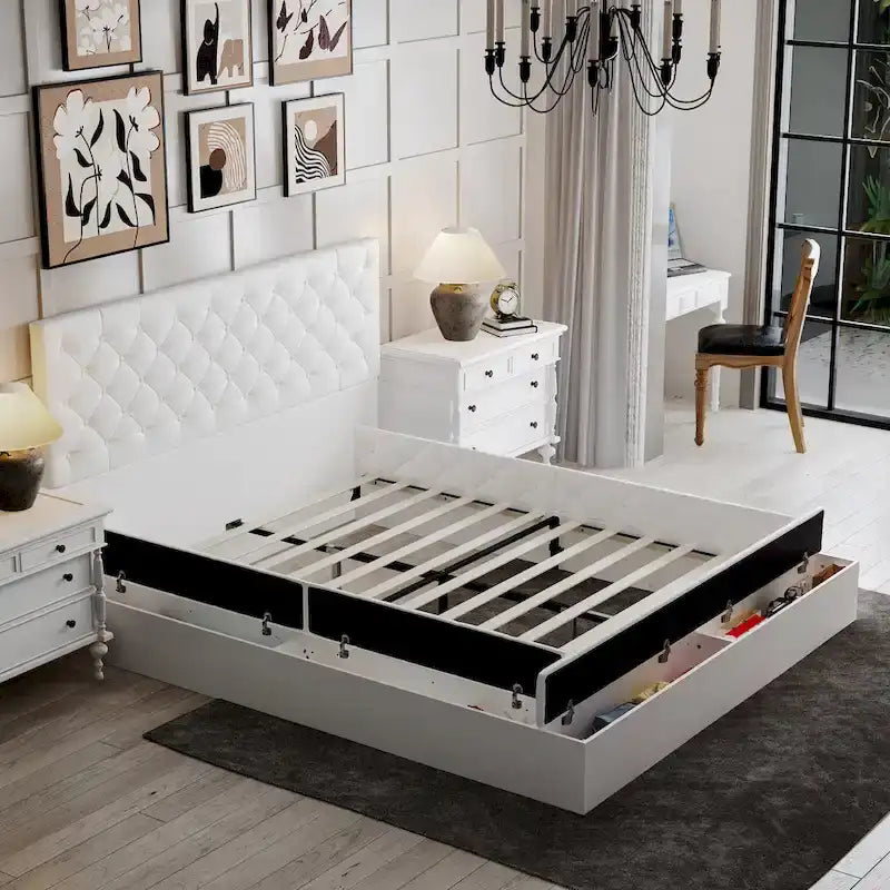 PU Leather Tufted Bed Frame with LED Headboard, Queen & King, White, MDF & Pine Wood