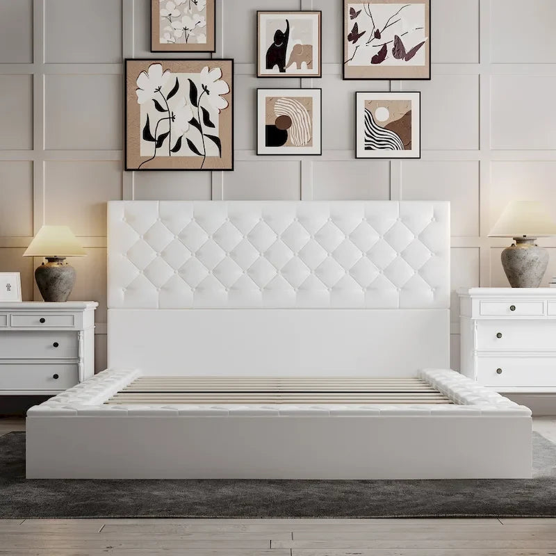 PU Leather Tufted Bed Frame with LED Headboard, Queen & King, White, MDF & Pine Wood