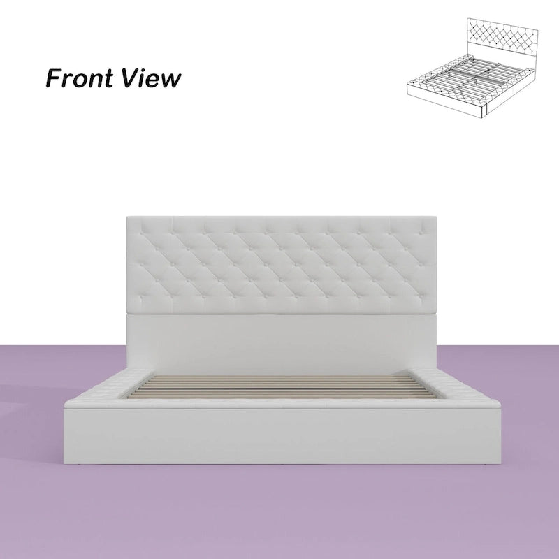 PU Leather Tufted Bed Frame with LED Headboard, Queen & King, White, MDF & Pine Wood