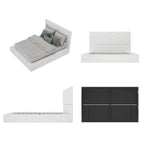 PU Leather Tufted Bed Frame with LED Headboard, Queen & King, White, MDF & Pine Wood