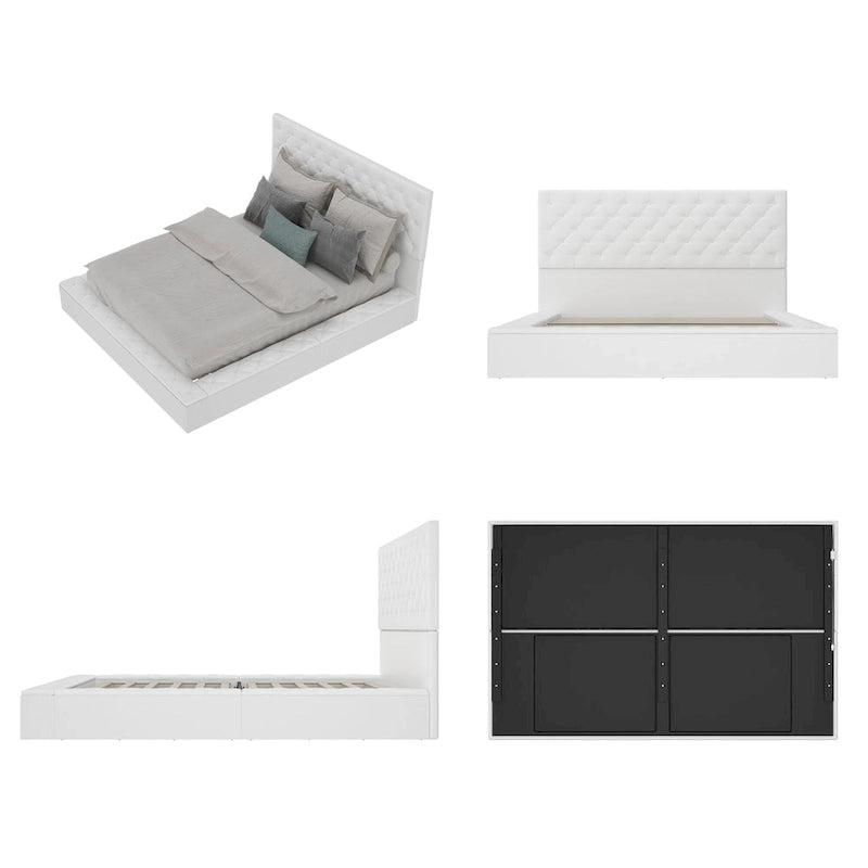 PU Leather Tufted Bed Frame with LED Headboard, Queen & King, White, MDF & Pine Wood