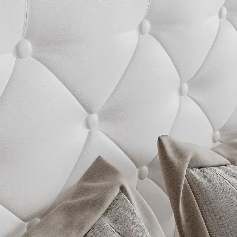 PU Leather Tufted Bed Frame with LED Headboard, Queen & King, White, MDF & Pine Wood