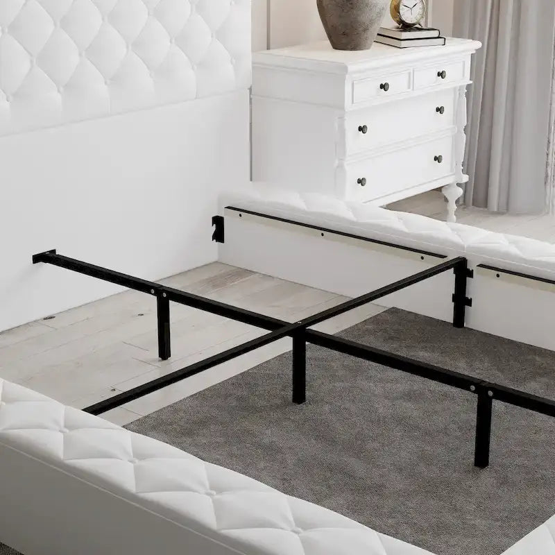 PU Leather Tufted Bed Frame with LED Headboard, Queen & King, White, MDF & Pine Wood