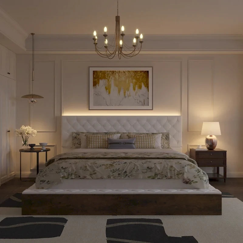 PU Leather Tufted Bed Frame with LED Headboard, Queen & King, White, MDF & Pine Wood