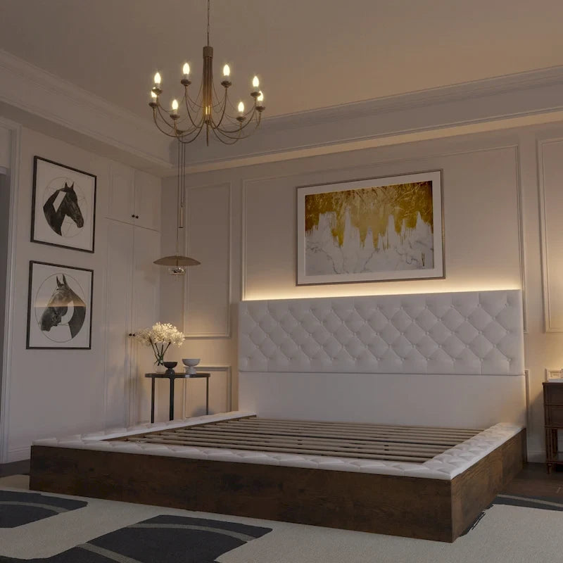 PU Leather Tufted Bed Frame with LED Headboard, Queen & King, White, MDF & Pine Wood