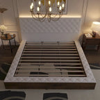 PU Leather Tufted Bed Frame with LED Headboard, Queen & King, White, MDF & Pine Wood
