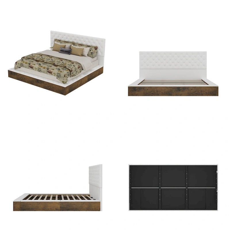 PU Leather Tufted Bed Frame with LED Headboard, Queen & King, White, MDF & Pine Wood