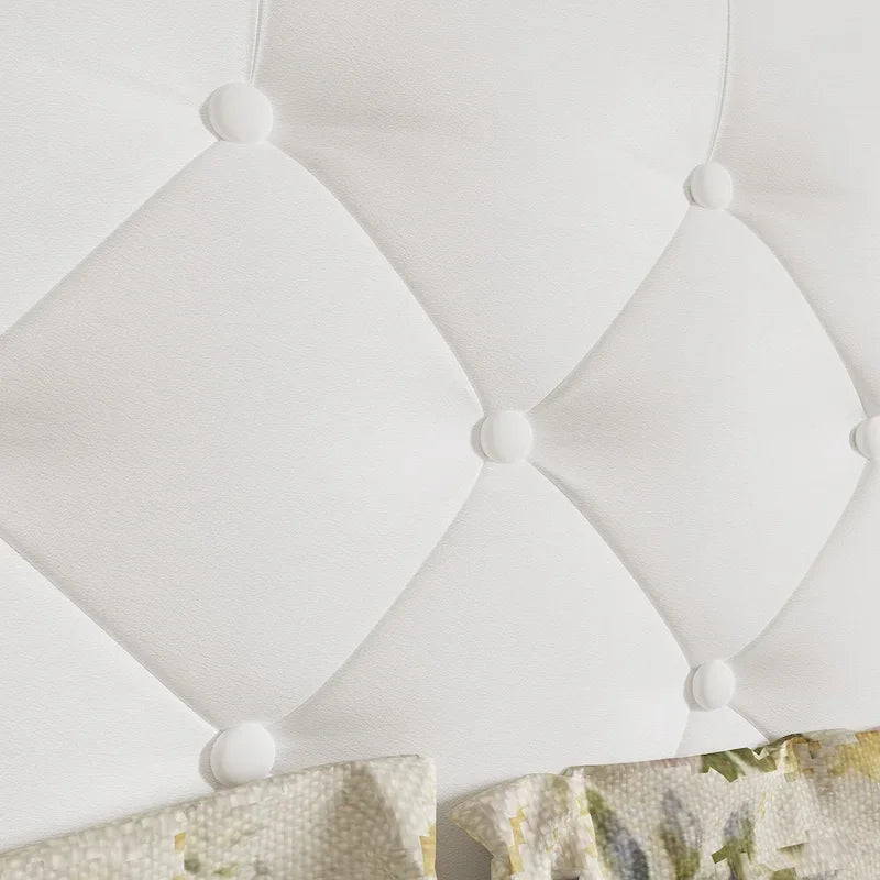PU Leather Tufted Bed Frame with LED Headboard, Queen & King, White, MDF & Pine Wood
