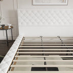 PU Leather Tufted Bed Frame with LED Headboard, Queen & King, White, MDF & Pine Wood