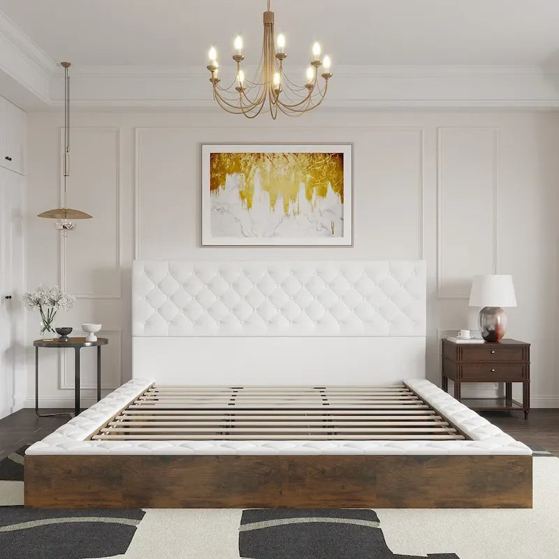 PU Leather Tufted Bed Frame with LED Headboard, Queen & King, White, MDF & Pine Wood