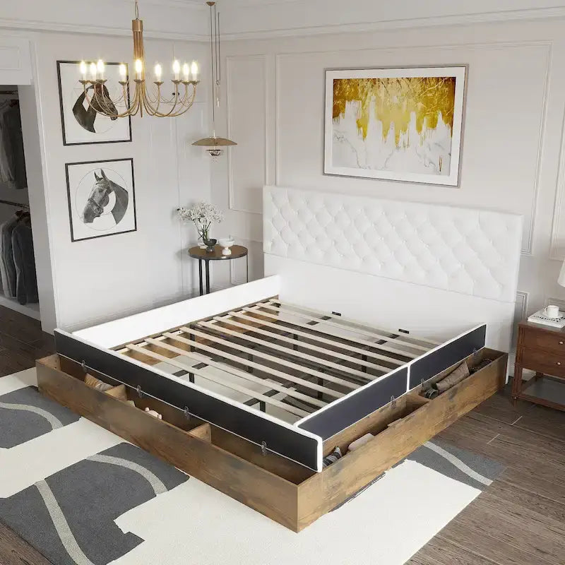 PU Leather Tufted Bed Frame with LED Headboard, Queen & King, White, MDF & Pine Wood
